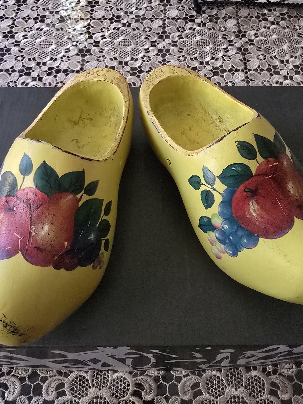 Hand-Painted Yellow Wooden Clogs with Fruit Motif